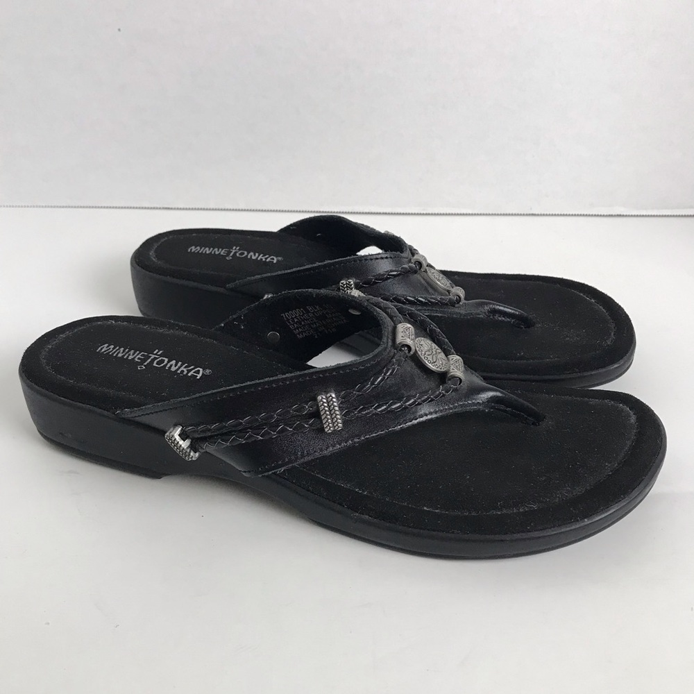 Minnetonka Black Leather Braided Thong Sandals Womens Size 10 Southwestern Boho - Picture 3 of 11